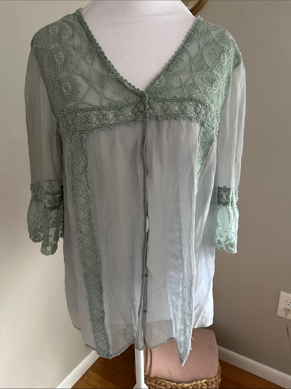 Free People Vintage 100% Silk Lace-Trim Sheer Women's Blouse, Sz M
